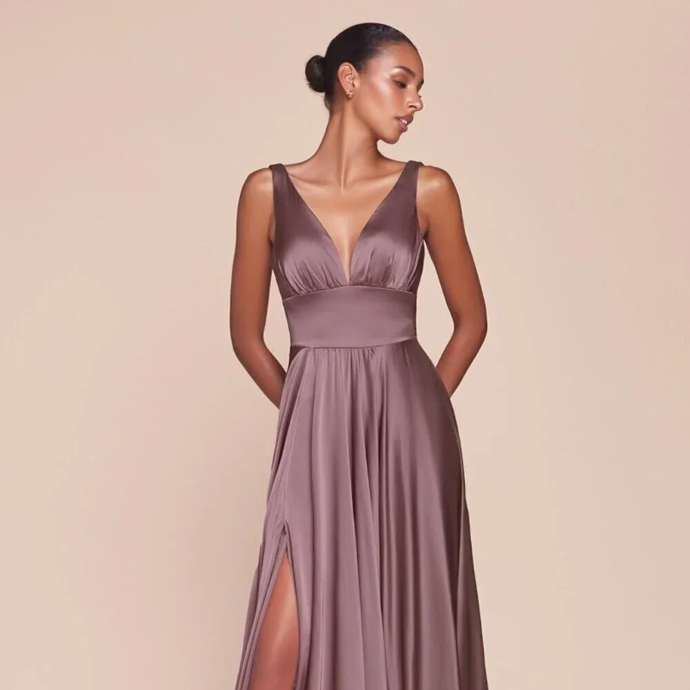 NEW FORMAL A-LINE SLEEVELESS SATIN DRESS W/ V-NECK & EMPIRE WAISTLINE 7469